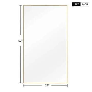 NeuType Full Length Mirror Hanging or Leaning Against Wall, Large Rectangle Bedroom Mirror Floor Mirror Dressing Mirror Wall-Mounted Mirror, Thin Frame,Gold,52"x32",No Stand
