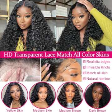 SOSATISFY Deep Wave Lace Front Wigs Human Hair 4x4 HD Transparent Lace Closure Wigs Glueless 180% Density Human Hair Wigs for Black Women Pre Plucked with Baby Hair (20 inch)