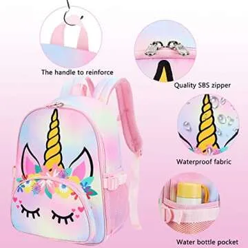 BTOOP Kids Backpack Girls School Backpack Preschool Kindergarten Unicorn Toddler BookBag with Chest Clip (Tie Dye headband)