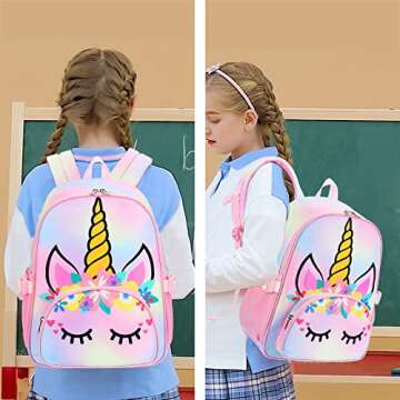 BTOOP Kids Backpack Girls School Backpack Preschool Kindergarten Unicorn Toddler BookBag with Chest Clip (Tie Dye headband)