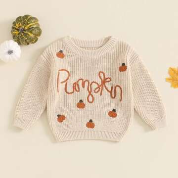 Toddler Baby Boy Girl Halloween Outfit Pumpkin Embroidery Knit Sweater Sweatshirt Fall Winter Clothe...