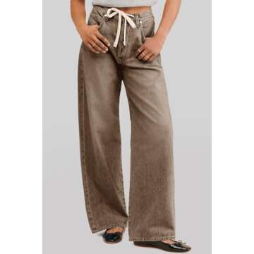 PLNOTME Womens Baggy Wide Leg Jeans Boyfriend Drawstring High Waisted Mom Denim Pants with Pockets B...