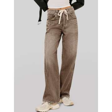 PLNOTME Womens Baggy Wide Leg Jeans Boyfriend Drawstring High Waisted Mom Denim Pants with Pockets Brown