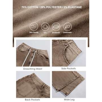 PLNOTME Womens Baggy Wide Leg Jeans Boyfriend Drawstring High Waisted Mom Denim Pants with Pockets Brown