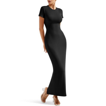 SUUKSESS Women Fitted Basic Bodycon Maxi Dress Y2K Crew Neck Short Sleeve Casual Long Dress (Black, ...