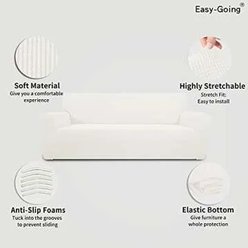 Easy-Going Stretch 4 Seater Sofa Slipcover 1-Piece Sofa Cover Furniture Protector Couch Soft with Elastic Bottom for Kids, Polyester Spandex Jacquard Fabric Small Checks Cream