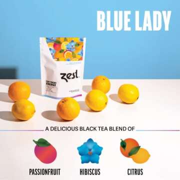 Zest 150mg High Caffeine Energy Loose Leaf Blend - Blue Lady Black Tea - 4 Oz - Hot or Iced - All Natural Strong Flavored Healthy Coffee Alternative Highly Caffeinated Substitute - Perfect for Keto