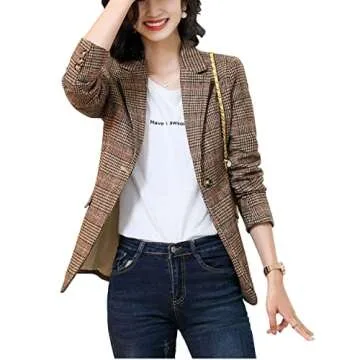 ebossy Women's Notch Lapel 2 Button Boyfriend Blazer Suit - Stylish Houndstooth Design