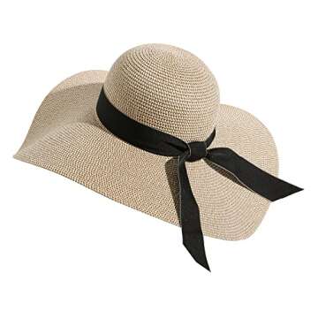 Lanzom Womens Wide Brim Straw Hat Big Floppy Foldable Roll up Cap Beach Sun Hat UPF 50+(Bowknot-Mixed Beige)