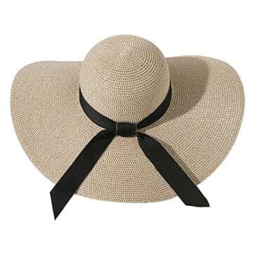 Lanzom Womens Wide Brim Straw Hat Big Floppy Foldable Roll up Cap Beach Sun Hat UPF 50+(Bowknot-Mixed Beige)