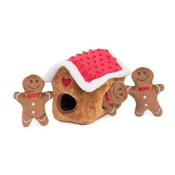 Interactive ZippyPaws Gingerbread House Burrow Plush Dog Toy for Fun Play