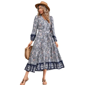 R.Vivimos Women's Long Sleeve Boho Midi Dress V Neck Floral Print Casual Button Down Loose Ruffle Be...