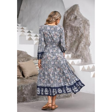 R.Vivimos Women's Long Sleeve Boho Midi Dress V Neck Floral Print Casual Button Down Loose Ruffle Beach Long Dress with Belt (XS, SmokeBlack)