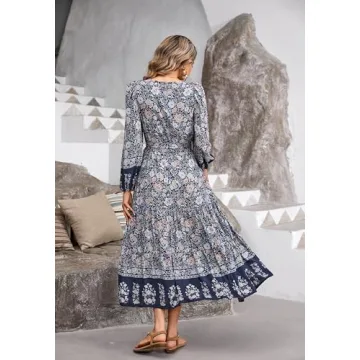 R.Vivimos Women's Long Sleeve Boho Midi Dress V Neck Floral Print Casual Button Down Loose Ruffle Beach Long Dress with Belt (XS, SmokeBlack)