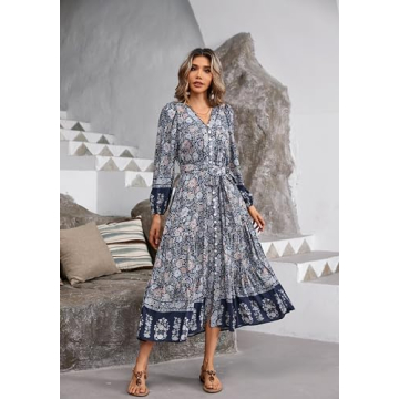 R.Vivimos Women's Long Sleeve Boho Midi Dress V Neck Floral Print Casual Button Down Loose Ruffle Beach Long Dress with Belt (XS, SmokeBlack)