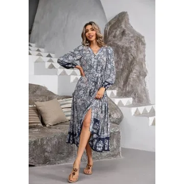 R.Vivimos Women's Long Sleeve Boho Midi Dress V Neck Floral Print Casual Button Down Loose Ruffle Beach Long Dress with Belt (XS, SmokeBlack)
