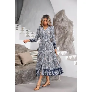 R.Vivimos Women's Long Sleeve Boho Midi Dress V Neck Floral Print Casual Button Down Loose Ruffle Beach Long Dress with Belt (XS, SmokeBlack)