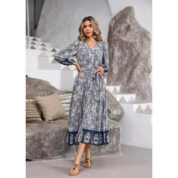 R.Vivimos Women's Long Sleeve Boho Midi Dress V Neck Floral Print Casual Button Down Loose Ruffle Beach Long Dress with Belt (XS, SmokeBlack)