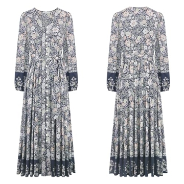 R.Vivimos Women's Long Sleeve Boho Midi Dress V Neck Floral Print Casual Button Down Loose Ruffle Beach Long Dress with Belt (XS, SmokeBlack)