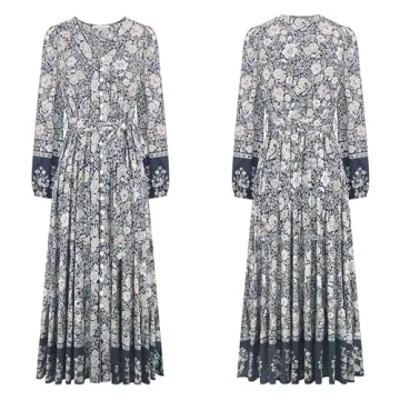 R.Vivimos Women's Long Sleeve Boho Midi Dress V Neck Floral Print Casual Button Down Loose Ruffle Beach Long Dress with Belt (XS, SmokeBlack)