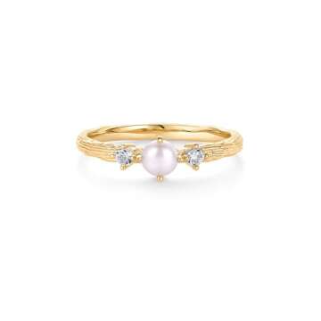 PAVOI 14K Yellow Gold Plated Pearl Hammered Ring for Women | Dainty Elegant Stackable Cubic Zirconia Thin Band for Women | Size 7
