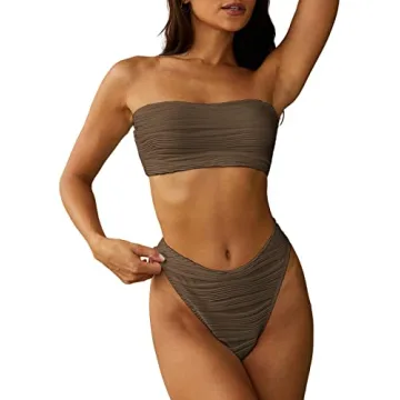 ZAFUL Women Strapless Textured Bandeau Bikini 2 Piece Swimwear Cheeky Solid Lace up Bathing Suits(1-...