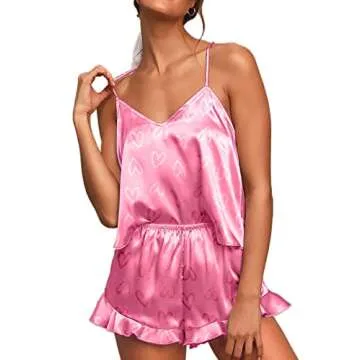 CHYRII Women's Sexy Ruffled Pajamas for Women Cami Tops Shorts Two Piece Silk PJS Sleepwear Heart Print Pink Love L