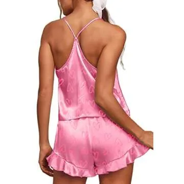 CHYRII Women's Sexy Ruffled Pajamas for Women Cami Tops Shorts Two Piece Silk PJS Sleepwear Heart Print Pink Love L
