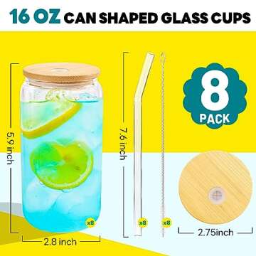 Joyclub 16 oz Glass Cups Set with Bamboo Lids & Straws - 8 Reusable Drink Jars for Coffee, Tea, Smoo...