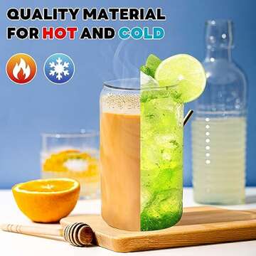 Joyclub 16 oz Glass Cups Set with Bamboo Lids & Straws