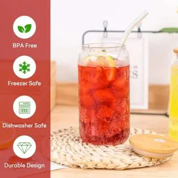 Joyclub 16 oz Glass Cups Set with Bamboo Lids & Straws