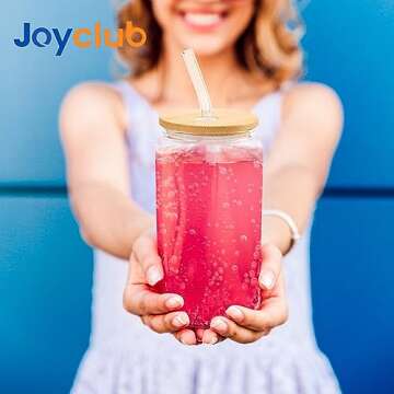 Joyclub 16 oz Glass Cups Set with Bamboo Lids & Straws