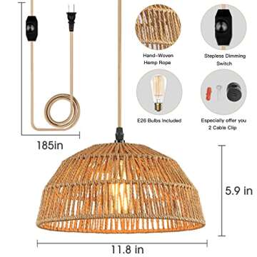 Plug in Pendant Light, Farmhouse Hanging Chandelier Lights with 15ft Golden Cotton Cord, Ceiling Lamp with Dimmable Switch, for Kitchen Island Living Room-2 Pack (Bulb & 4 Swag Hooks Included)