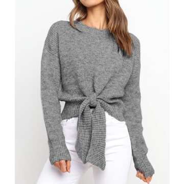 Okiwam Women's Fashion Long Sleeve Crew Neck Knitted Pullover Cropped Belted Waist Lightweight Casua...