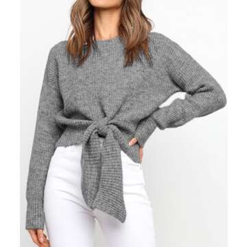 Okiwam Women's Fashion Long Sleeve Crew Neck Knitted Pullover Cropped Belted Waist Lightweight Casual Sweater Tunic Tops Grey