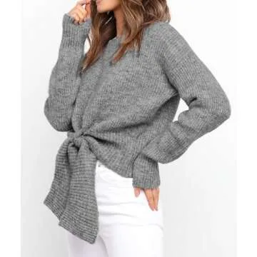 Okiwam Women's Fashion Long Sleeve Crew Neck Knitted Pullover Cropped Belted Waist Lightweight Casual Sweater Tunic Tops Grey