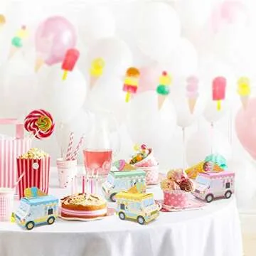 Ice Cream Party Favor Boxes Ice Cream Truck Shape Treat Boxes for Summer Goodie Candy Boxes Sprinkles Themed Baby Shower Kids Birthday Party Centerpieces Table Decor Supplies Set of 12