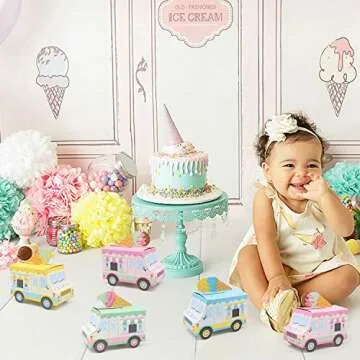 Ice Cream Party Favor Boxes Ice Cream Truck Shape Treat Boxes for Summer Goodie Candy Boxes Sprinkles Themed Baby Shower Kids Birthday Party Centerpieces Table Decor Supplies Set of 12