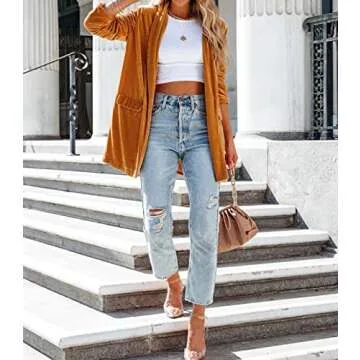 Kedera Women Velvet Blazer Jackets Casual Long Sleeve Lapel Collar Pocketed Blazer Suits Work Outfits Gold