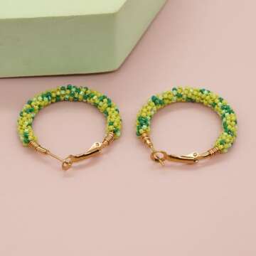 Sonateomber Handmade Beaded Gold Hoop Hugge Earrings for Women Boho Multicolor Lime Green Seed Beads...