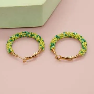 Sonateomber Handmade Beaded Gold Hoop Hugge Earrings for Women Boho Multicolor Lime Green Seed Beads...