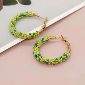 Sonateomber Handmade Beaded Gold Hoop Hugge Earrings for Women Boho Multicolor Lime Green Seed Beads Native American Bohemia Circle Earrings Prom Wedding Bridal Statement Jewelry Gift