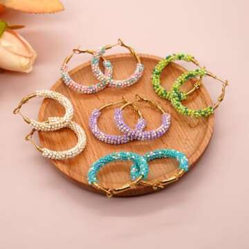 Sonateomber Handmade Beaded Gold Hoop Hugge Earrings for Women Boho Multicolor Lime Green Seed Beads Native American Bohemia Circle Earrings Prom Wedding Bridal Statement Jewelry Gift