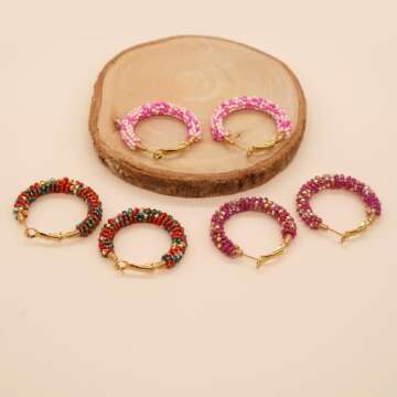 Sonateomber Handmade Beaded Gold Hoop Hugge Earrings for Women Boho Multicolor Lime Green Seed Beads Native American Bohemia Circle Earrings Prom Wedding Bridal Statement Jewelry Gift