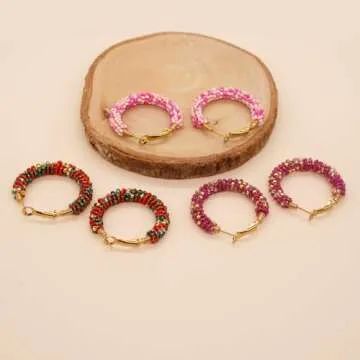 Sonateomber Handmade Beaded Gold Hoop Hugge Earrings for Women Boho Multicolor Lime Green Seed Beads Native American Bohemia Circle Earrings Prom Wedding Bridal Statement Jewelry Gift