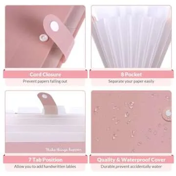 SKYDUE 8 Pockets Expanding File Folders, Accordion Folders, Portable Paper Bill Receipt Organizer, Letter Size, Home College School Office Supplies, Pink