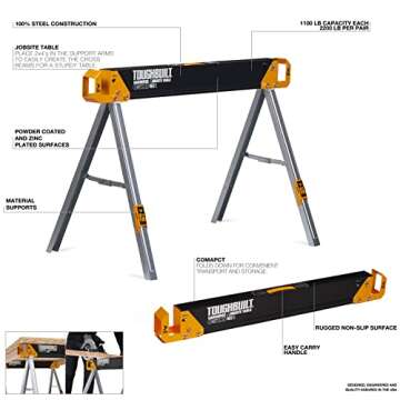 ToughBuilt - Sawhorses with 2x4 Support Arms 1100 LB Capacity - Heavy Duty Construction with Fast Op...