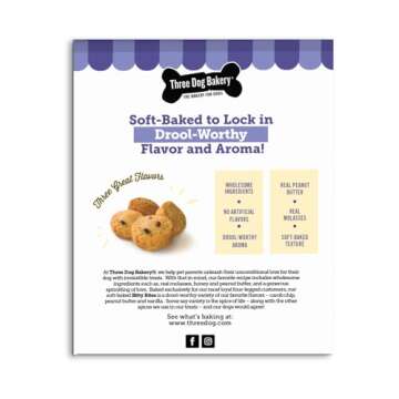 Three Dog Bakery Bitty Bites Trio Soft Baked Cookies for Dogs, Three Flavor Pack; Carob Chip, Peanut, and Vanilla, 13 Ounce Box