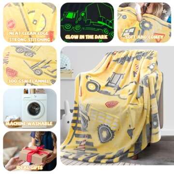 REXEO Tractor Blanket Glow in The Dark Truck Blanket for Kids Cute Soft Excavators Blanket for Boys Fleece Construction Toddler Boy Blanket Birthday Gifts for Kids