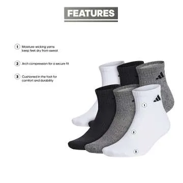 Adidas Men's Athletic Cushioned Quarter Socks - Secure Fit & Comfortable (6-Pair)